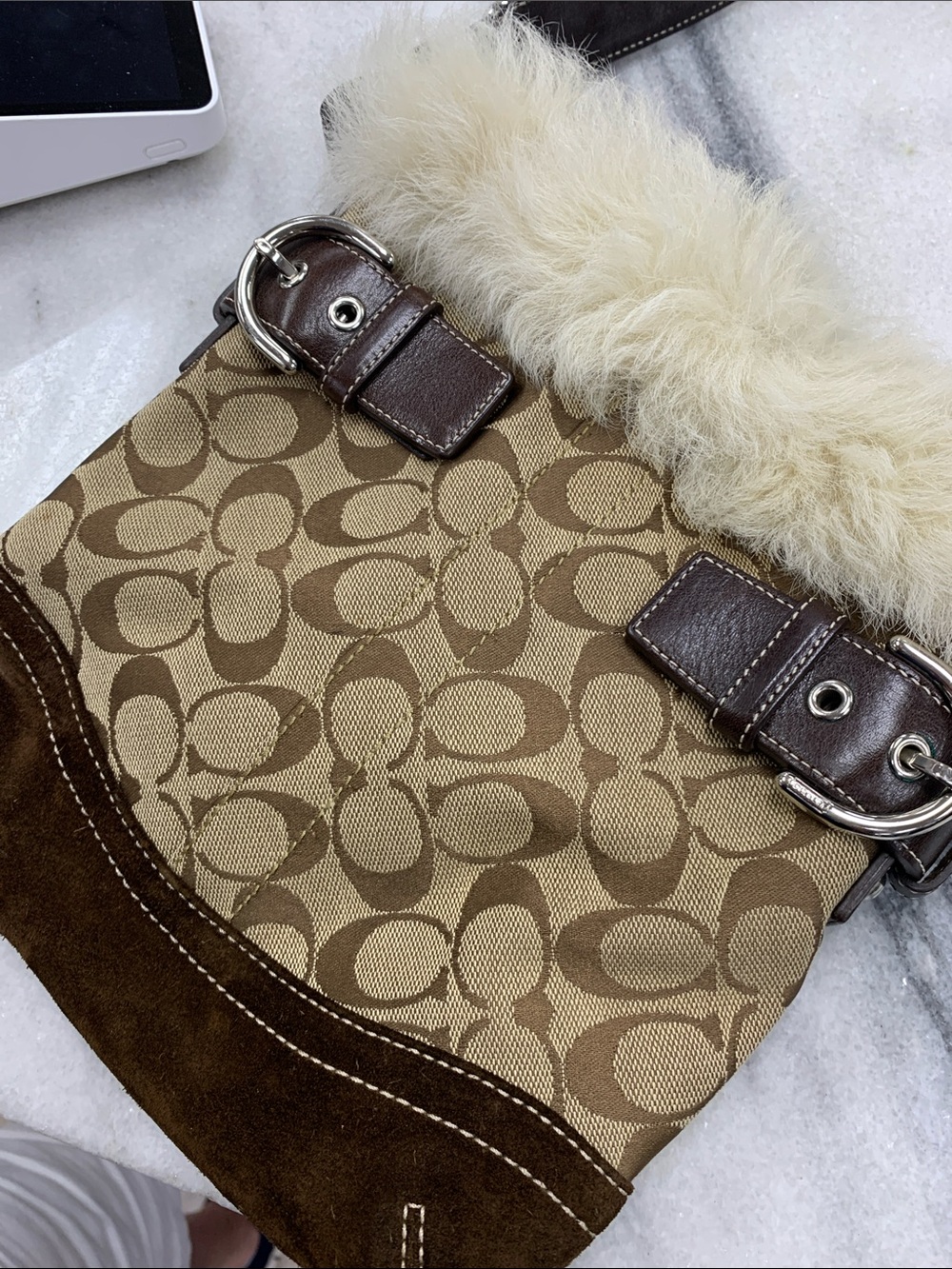 Coach Tan & Brown Signature Jacquard Fur-Trim Shoulder Bag - Picture 3 of 12